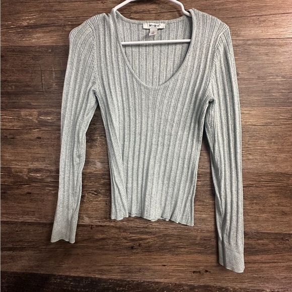 White House Black Market Light Blue Metallic Ribbed Fitted Sweater - Picture 1 of 10